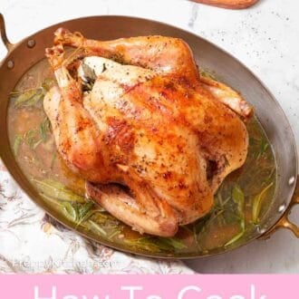 Pinterest graphic showing a whole turkey on a baking dish with a patterned table linen alongside.