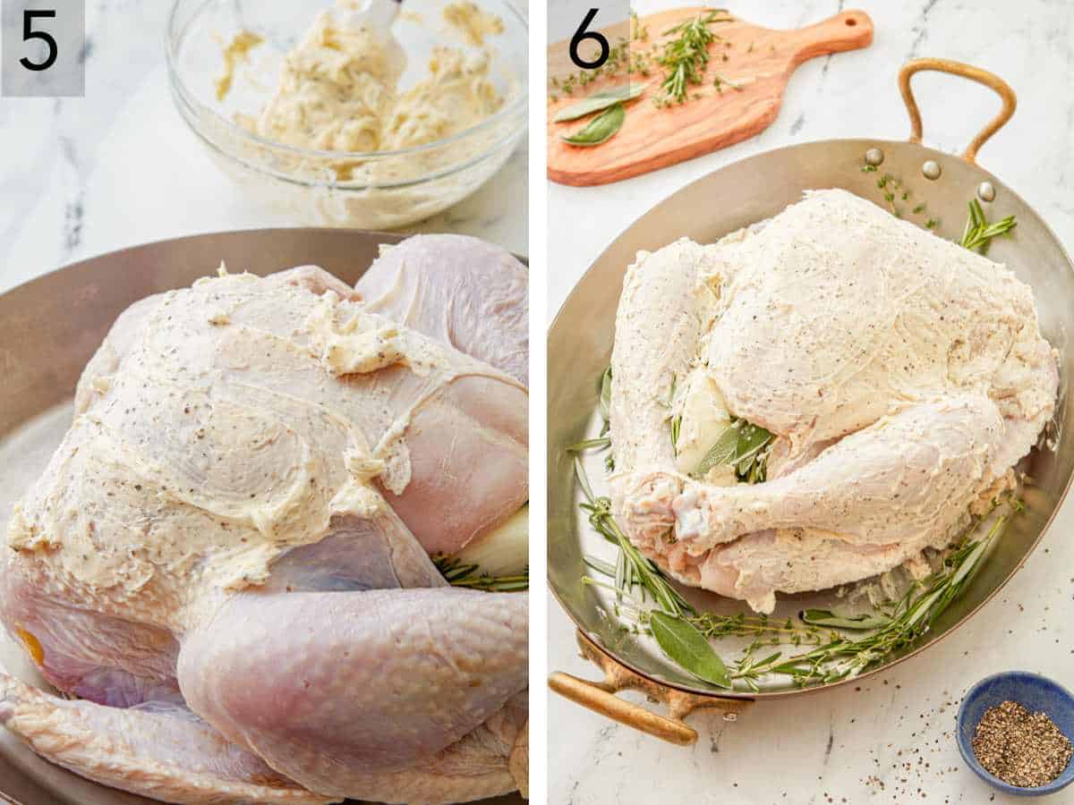 Pinterest graphic showing the butter mixture rubbed on the turkey, and the turkey placed in the roasting pan with fresh herbs.