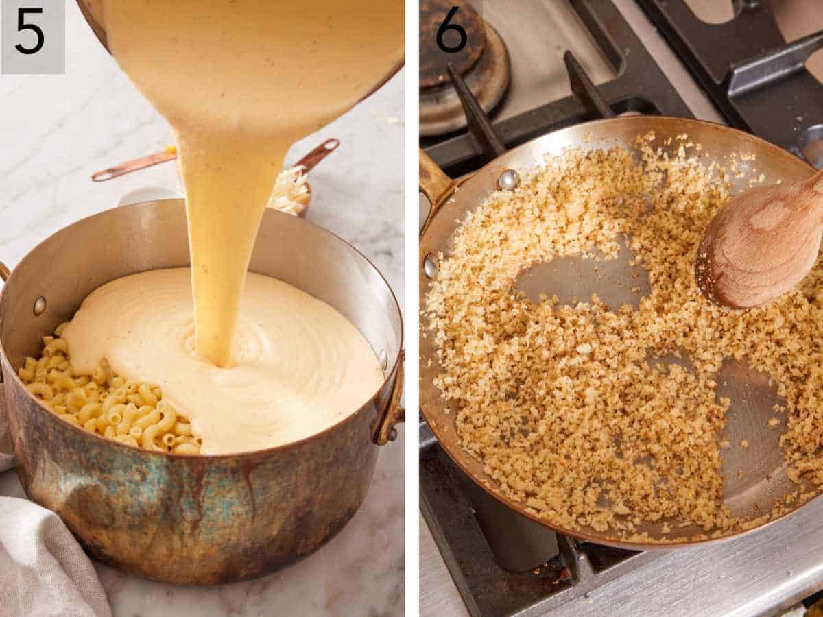 Set of two images showing Mornay sauce poured over pasta, and bread crumbs toasted in a skillet.