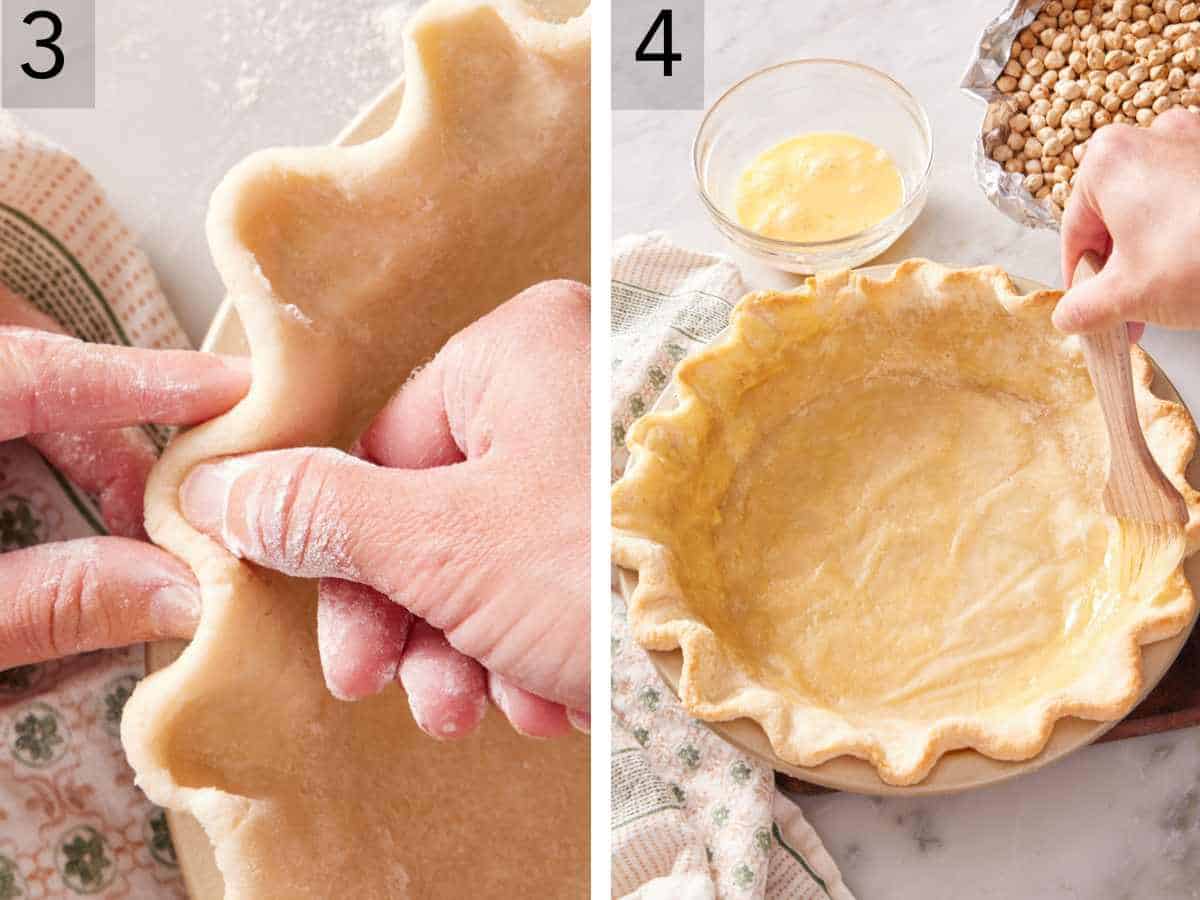 Set of two images showing a close up of the pie dough edges crimped and the crust brushed with egg wash after par-baking.