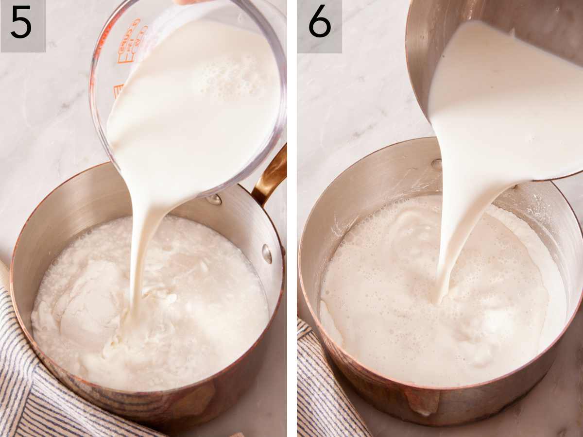 Set of two images showing milk poured into a saucepan containing coconut milk, and then poured into a cornstarch mixture in another saucepan.