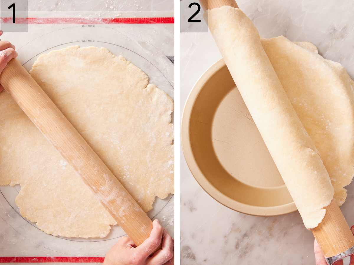 Set of two images showing pie dough rolled and laid onto a pie dish using a rolling pin.
