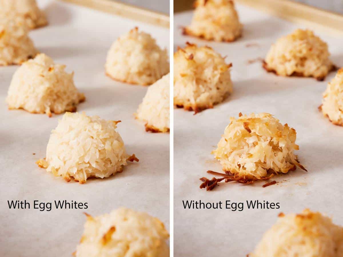 Comparison image showing coconut macaroons made with and without egg whites.