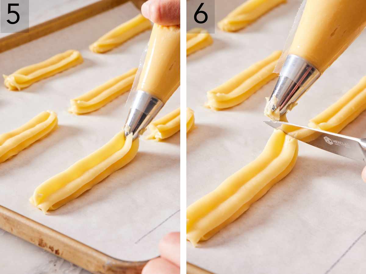 Set of two images showing churros piped onto a lined baking sheet, and a knife cutting through the dough to give the air fryer churros a clean edge.