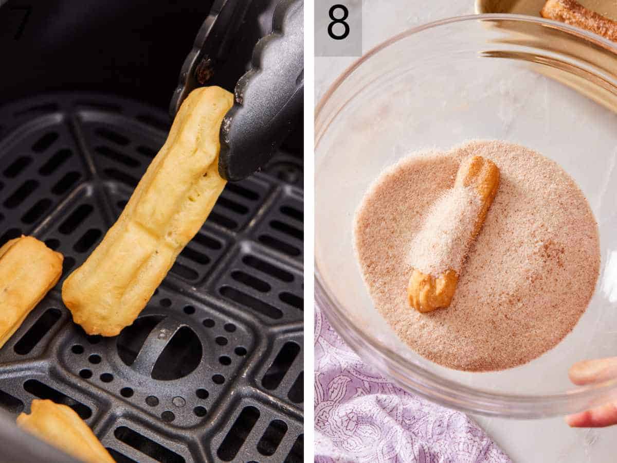 Set of two images showing churros flipped in the air fryer with tongs, and tossed in cinnamon sugar once ready.