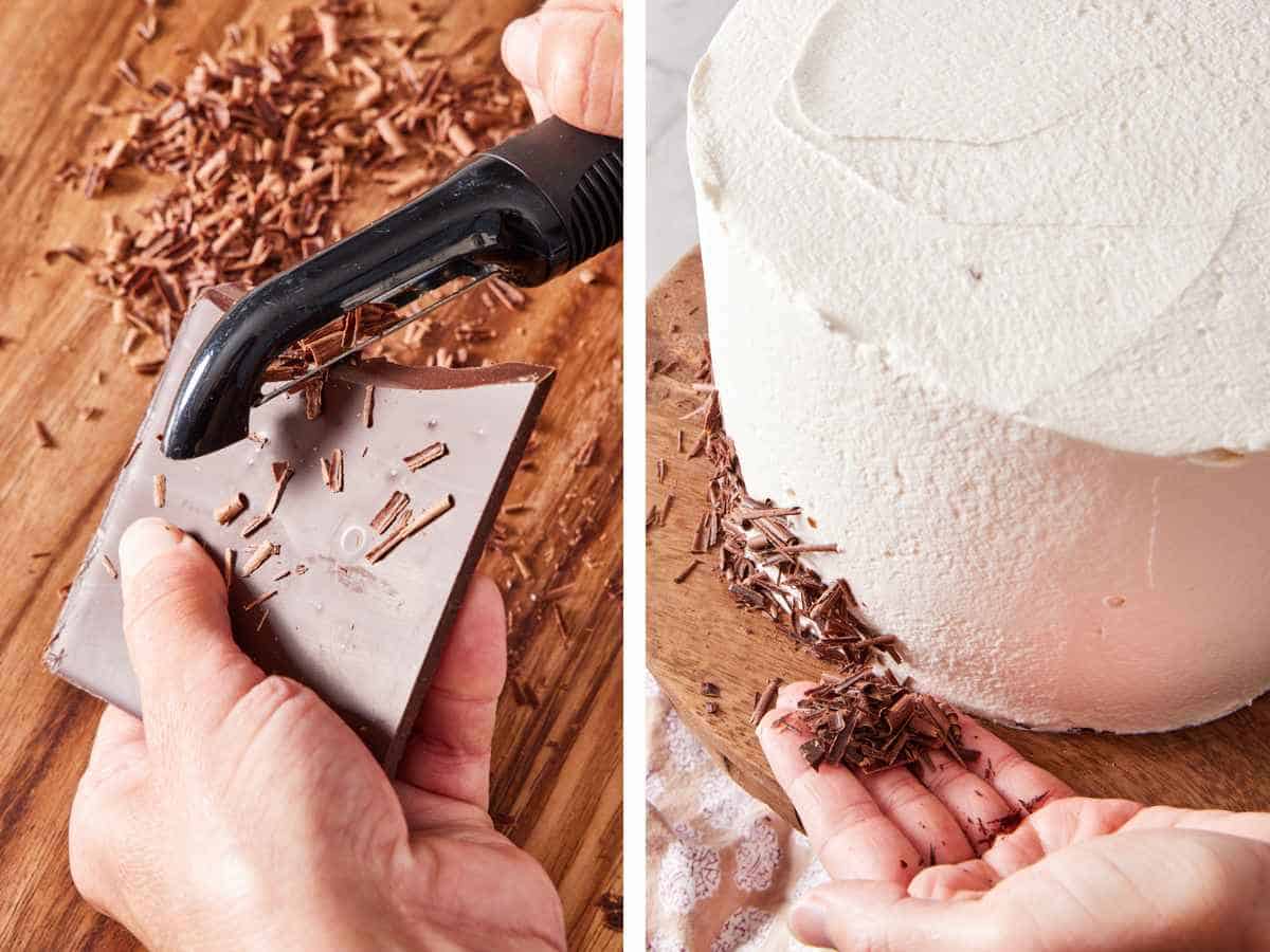 Two images showing how to shave chocolate and press them into the frosted cake.