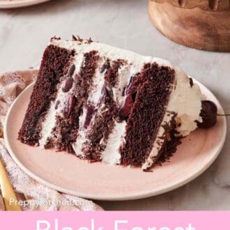 Pinterest graphic showing a slice of cake on its side on a small plate.