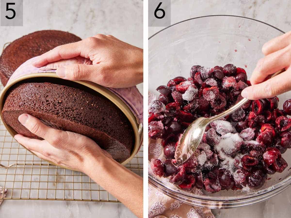 Set of two images showing cake removed from cake pan, and cherries mixed with sugar and kirsch.