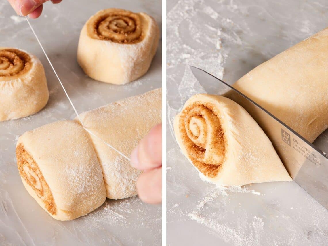 Two side-by-side images showing cinnamon rolls cut with dental floss or a knife.