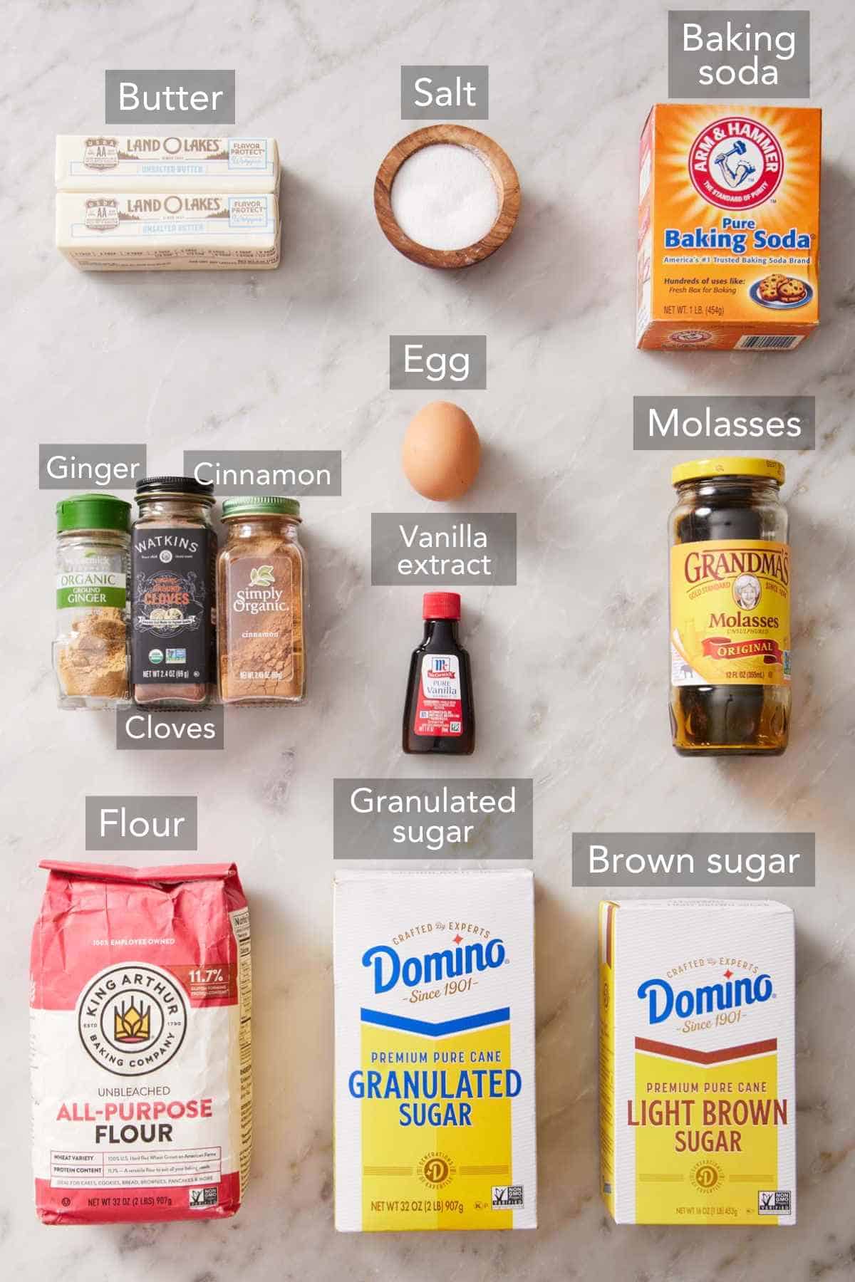 Ingredients for gingersnap cookies.