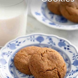 Pinterest graphic of two gingersnap cookies on a blue and white plate.