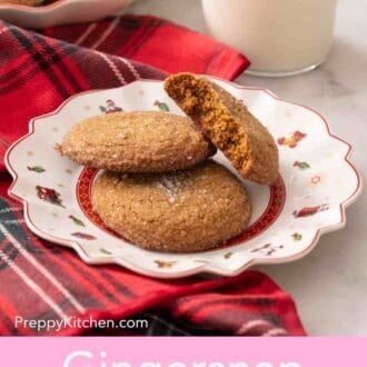 Pinterest graphic of a few gingersnaps on a small patterned plate with a glass of milk and more gingersnap cookies in the background.