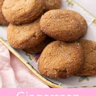 Pinterest graphic of gingersnap cookies piles on a platter.