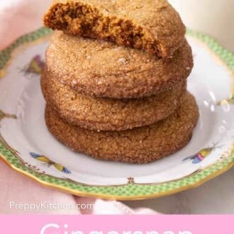 Pinterest graphic of a stack of gingersnaps on a small plate.