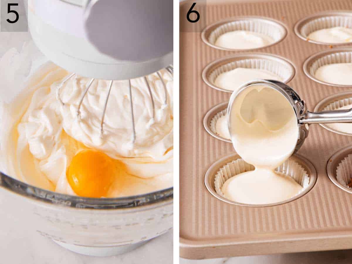 Set of two images showing egg added to mini cheesecake filling, and the filling poured into the lined muffin tin.