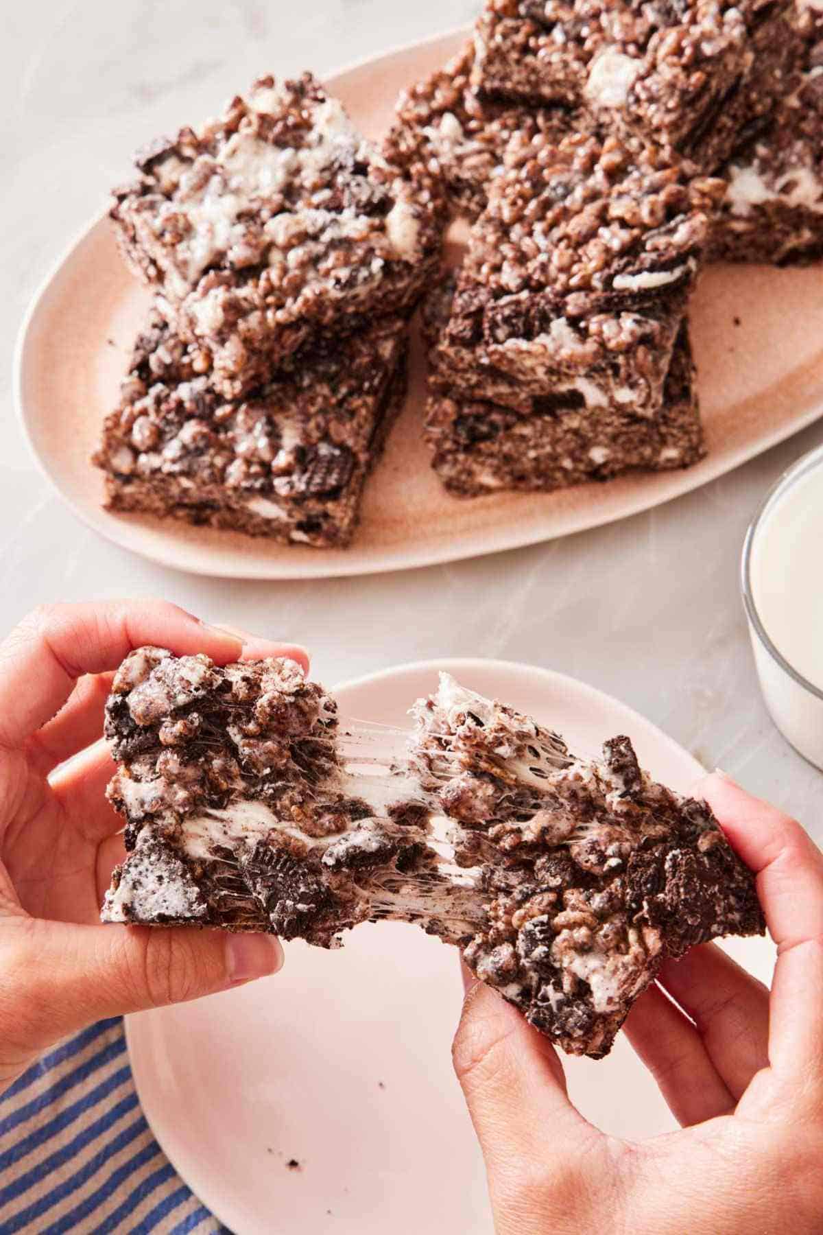 Oreo Rice Krispie treat pull, and a platter with more treats in the background.