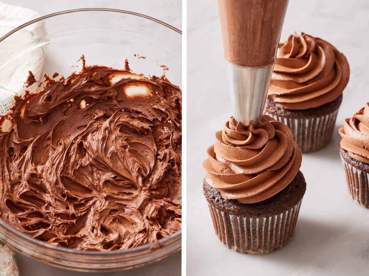Set of two images showing whipped chocolate ganache in a bowl, and it used to frost cupcakes.