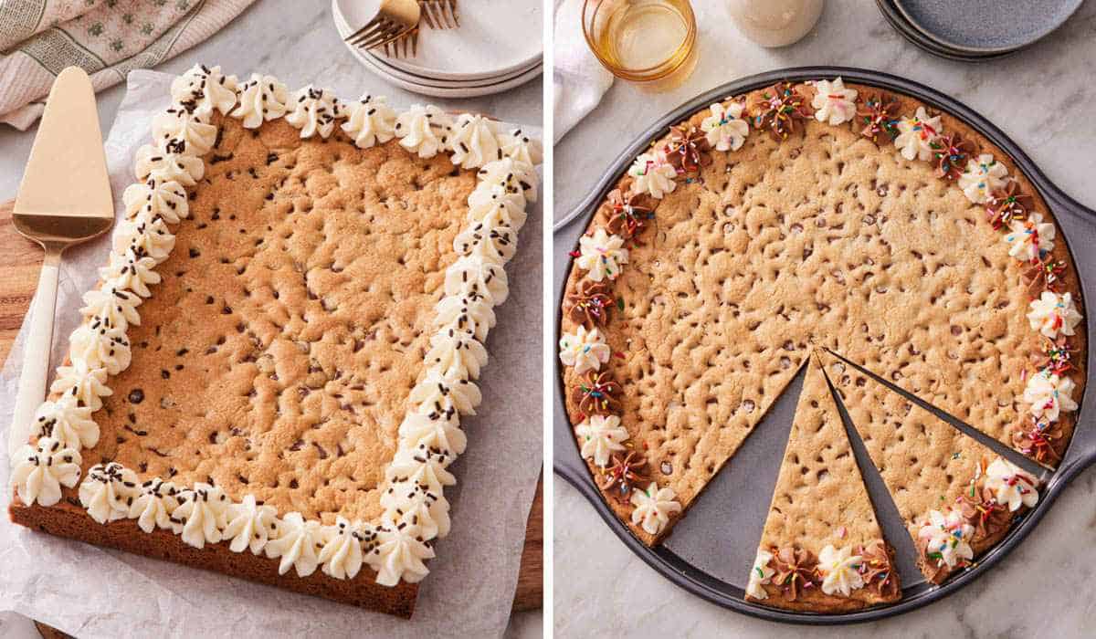Side-by-side images showing a cookie sheet cake and a cookie cake baked in a different round skillet with slices cut out.