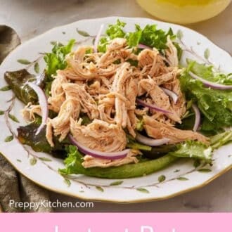 Pinterest graphic of Instant Pot shredded chicken mixed with onion and greens.