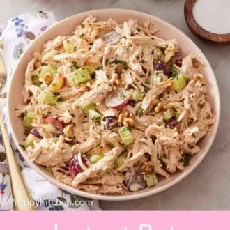 Pinterest graphic of Instant Pot shredded chicken salad.