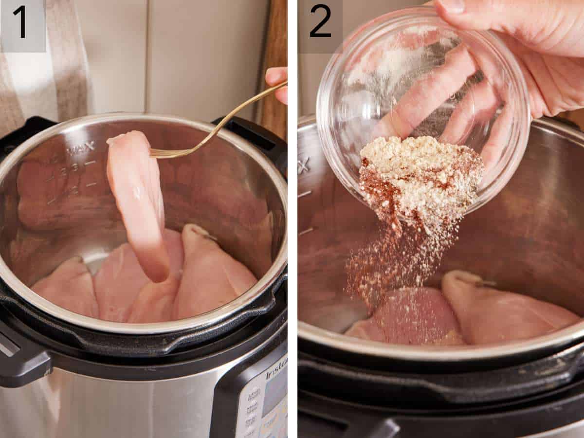 Set of two images showing chicken and seasonings added to Instant Pot.