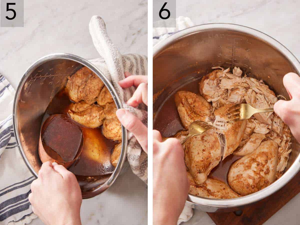 Set of two images showing liquid removed from Instant Pot, and chicken shredded with two forks.