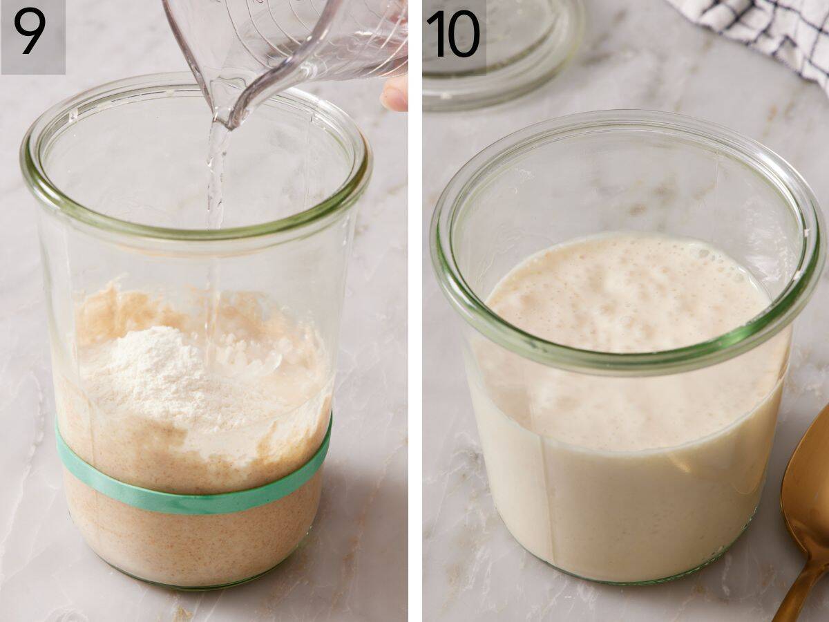 Set of two images showing more water and flour added, and the final product: a healthy sourdough starter.