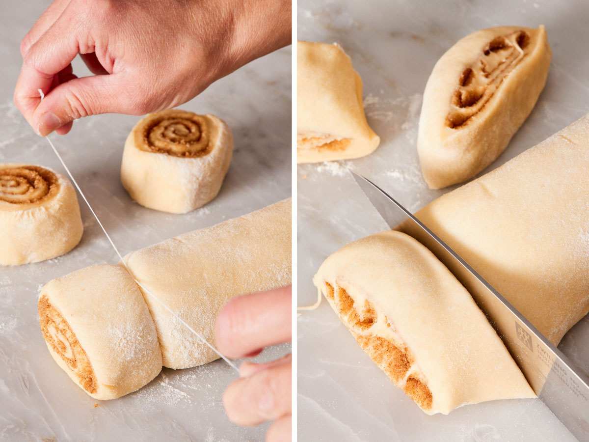 Two side-by-side images showing homemade sticky bun dough cut with floss and a sharp knife.