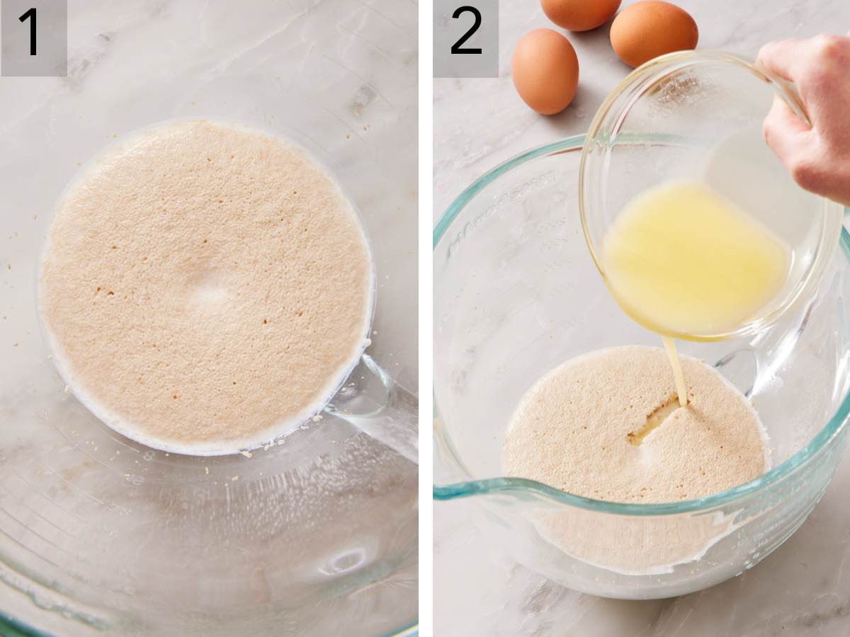 Set of two images showing yeast blooming, and melted butter added.