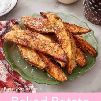 Pinterest graphic of oven-baked potato wedges on a small plate.