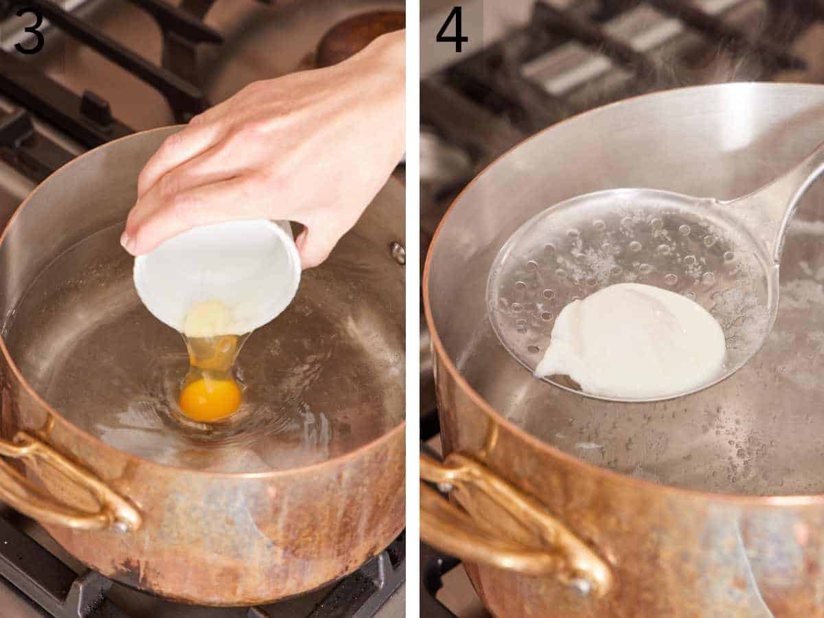 Set of two images showing an egg dropped from a ramekin into a pot of boiling water, and the poached egg removed with a slotted spoon.