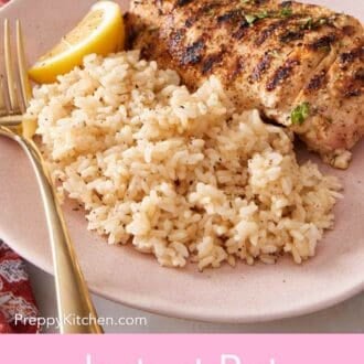Pinterest graphic of rice and chicken on a plate.