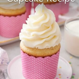 Pinterest graphic of a vanilla cupcake on a small plate.