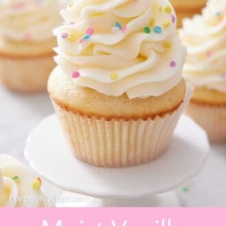 Pinterest graphic of a vanilla cupcake with buttercream and sprinkles.