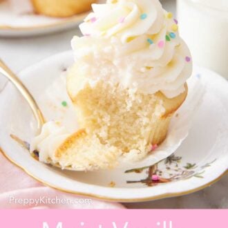 Pinterest graphic of a vanilla cupcake with a forkful taken out.