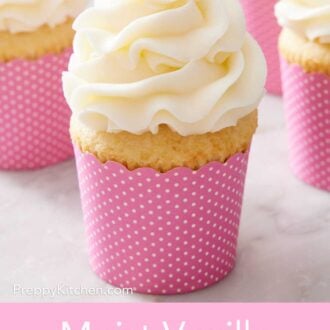 Pinterest graphic of moist vanilla cupcake recipe.