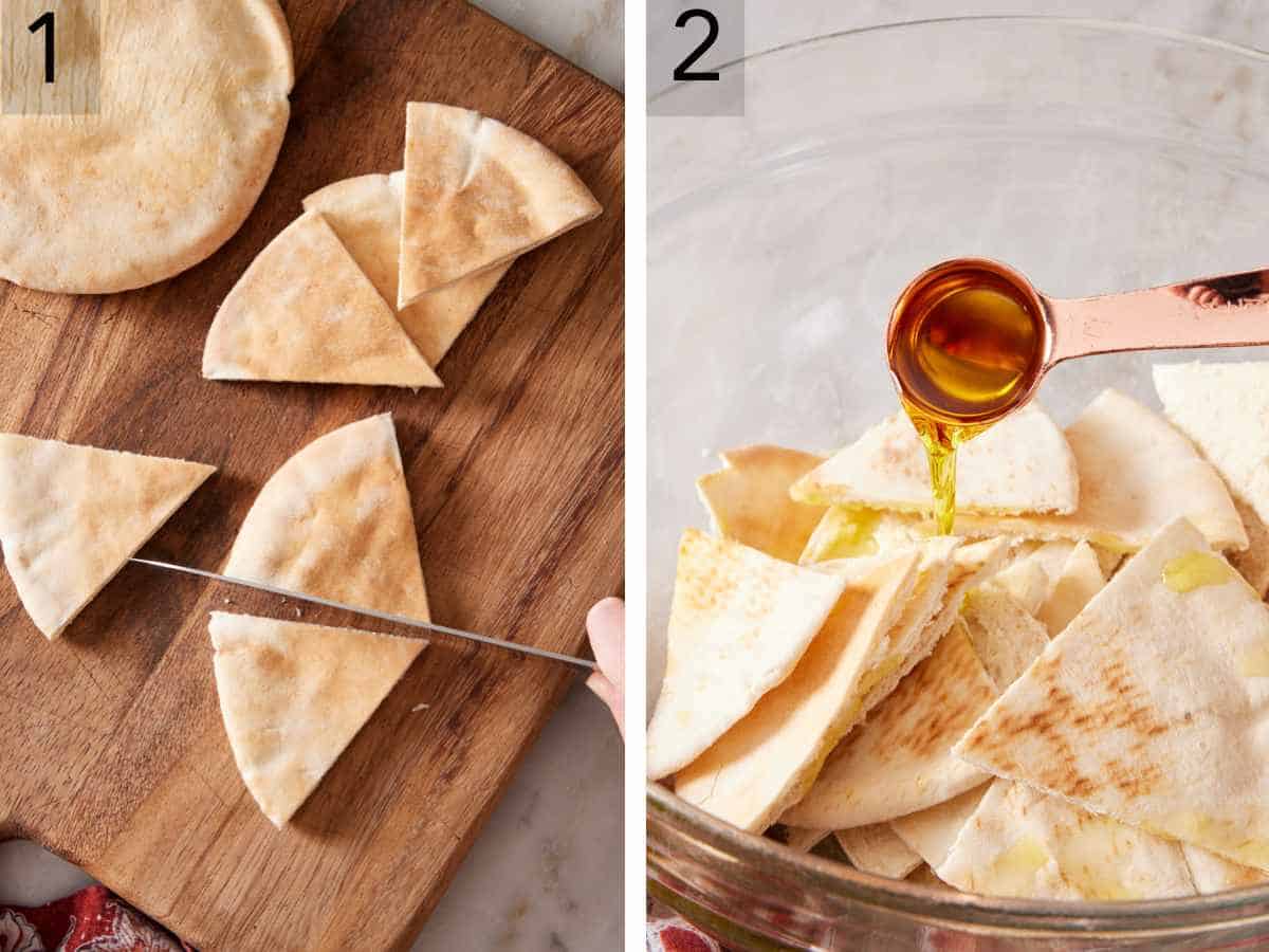 Set of two images showing pita bread cut, then drizzled with olive oil in a bowl.