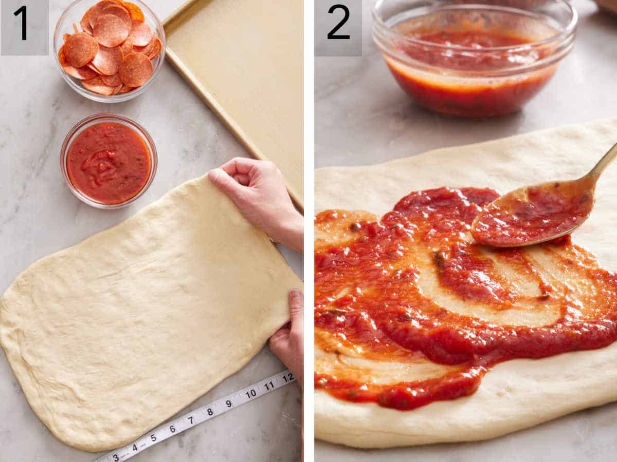 Set of two images showing pizza dough shaped into a rectangle and spread with pizza sauce.
