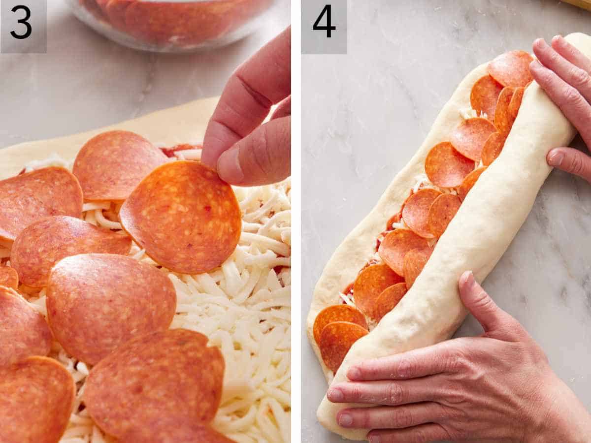 Set of two images showing pepperoni placed on the dough, and the dough rolled up.