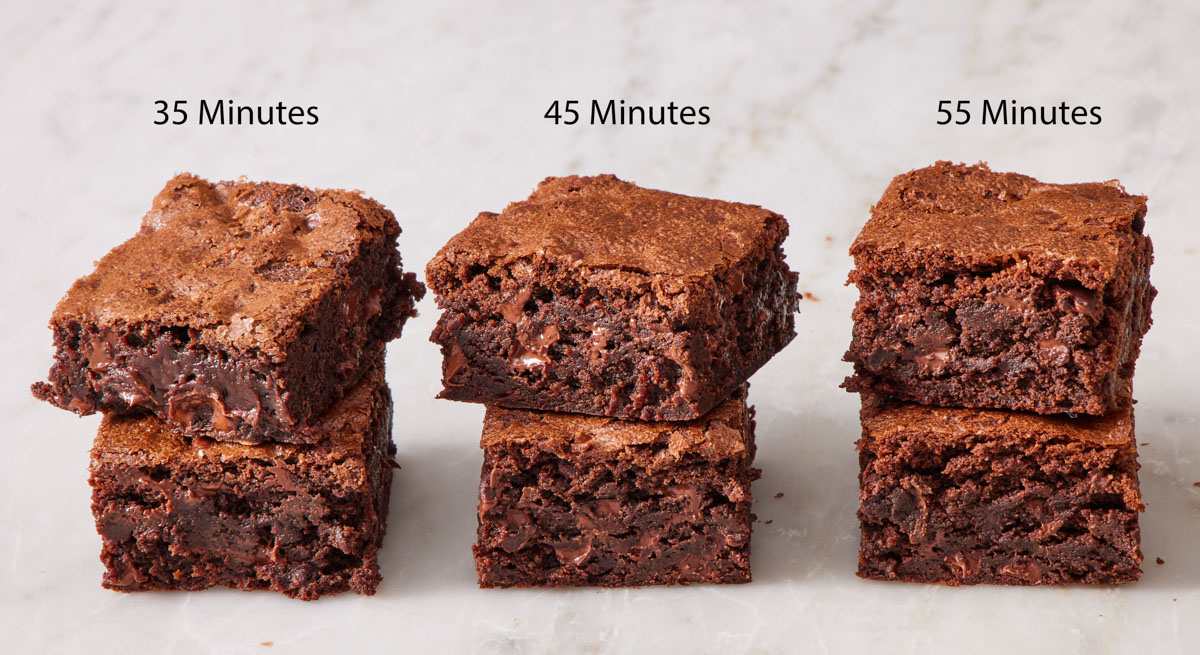 Comparison image showing brownie recipe baked for 35 minutes, 45 minutes, and 55 minutes.