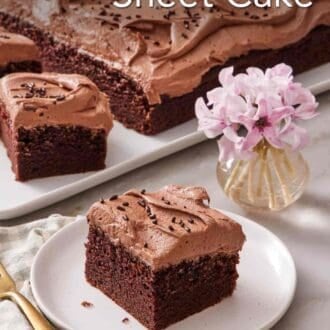 Pinterest graphic of a slice of chocolate sheet cake with a vase of flowers alongside. The rest of the cake in the background.