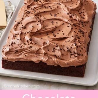 Pinterest graphic of chocolate sheet cake on a large platter. It is topped with buttercream and sprinkles.