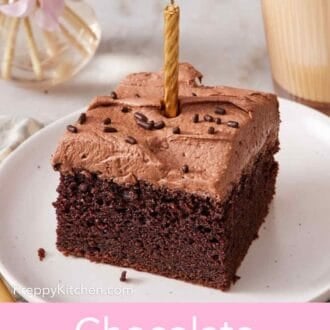 Pinterest graphic of a piece of sheet cake with a candle in it.