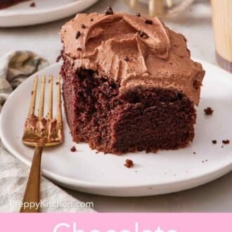 Pinterest graphic of a slice of sheet cake with a forkful removed.