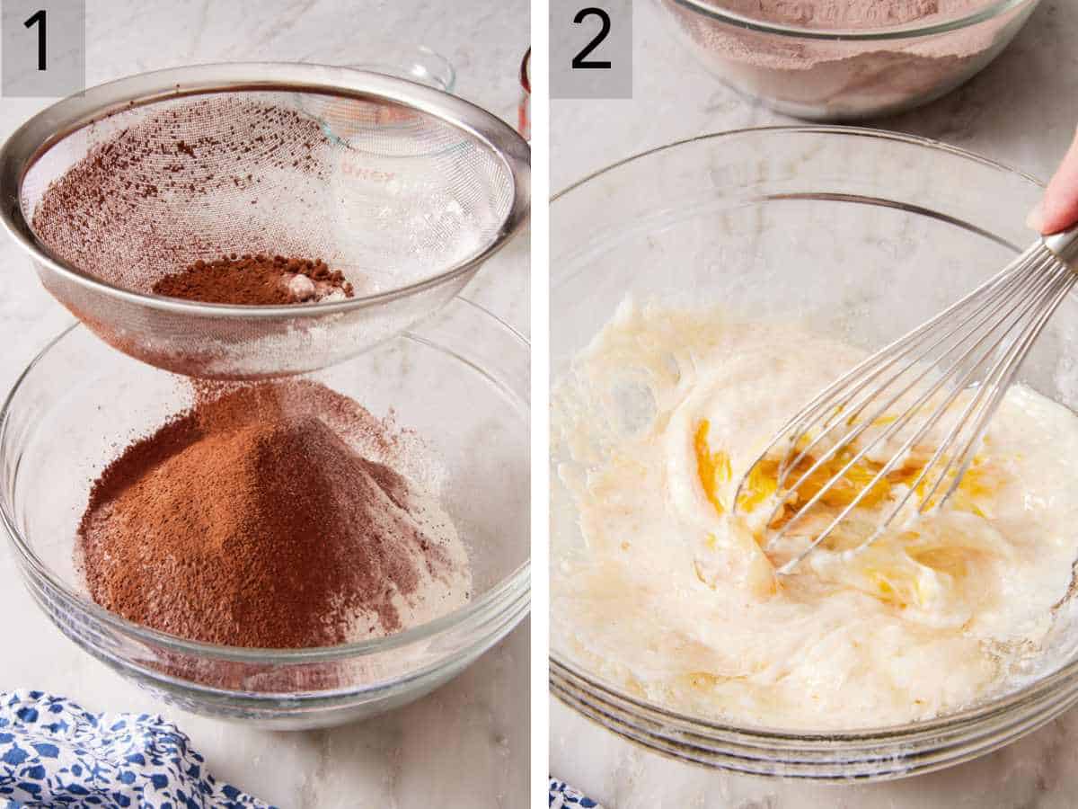 Set of two images showing cocoa powder sifted into a bowl, and wet ingredients whisked in another bowl.