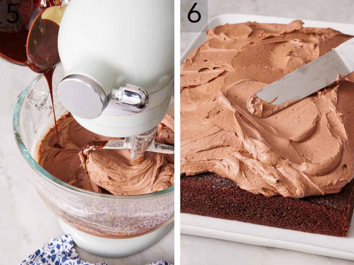 Set of two images showing chocolate buttercream made in a stand mixer, and applied to the cake with an offset spatula.
