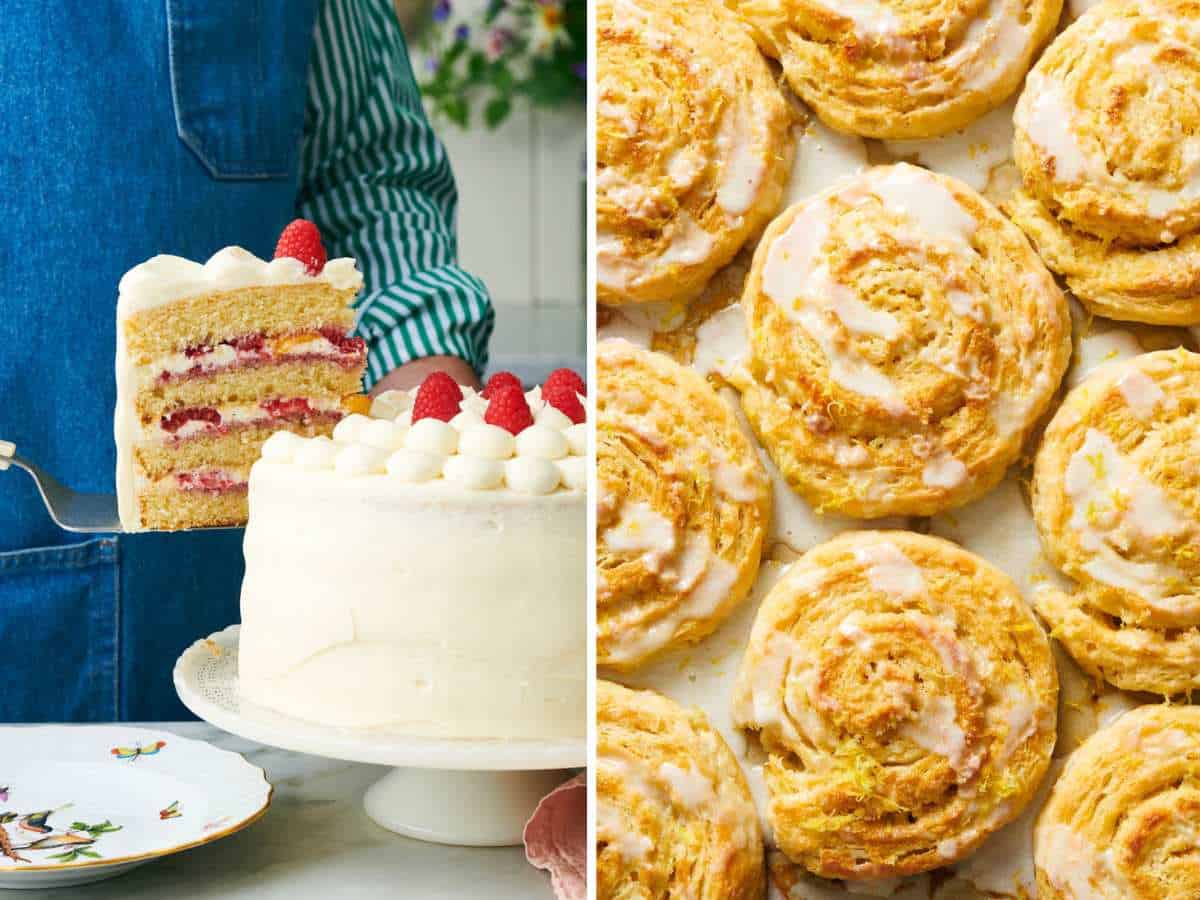 Set of two images showing a cake and rolled pastry from the cookbook.