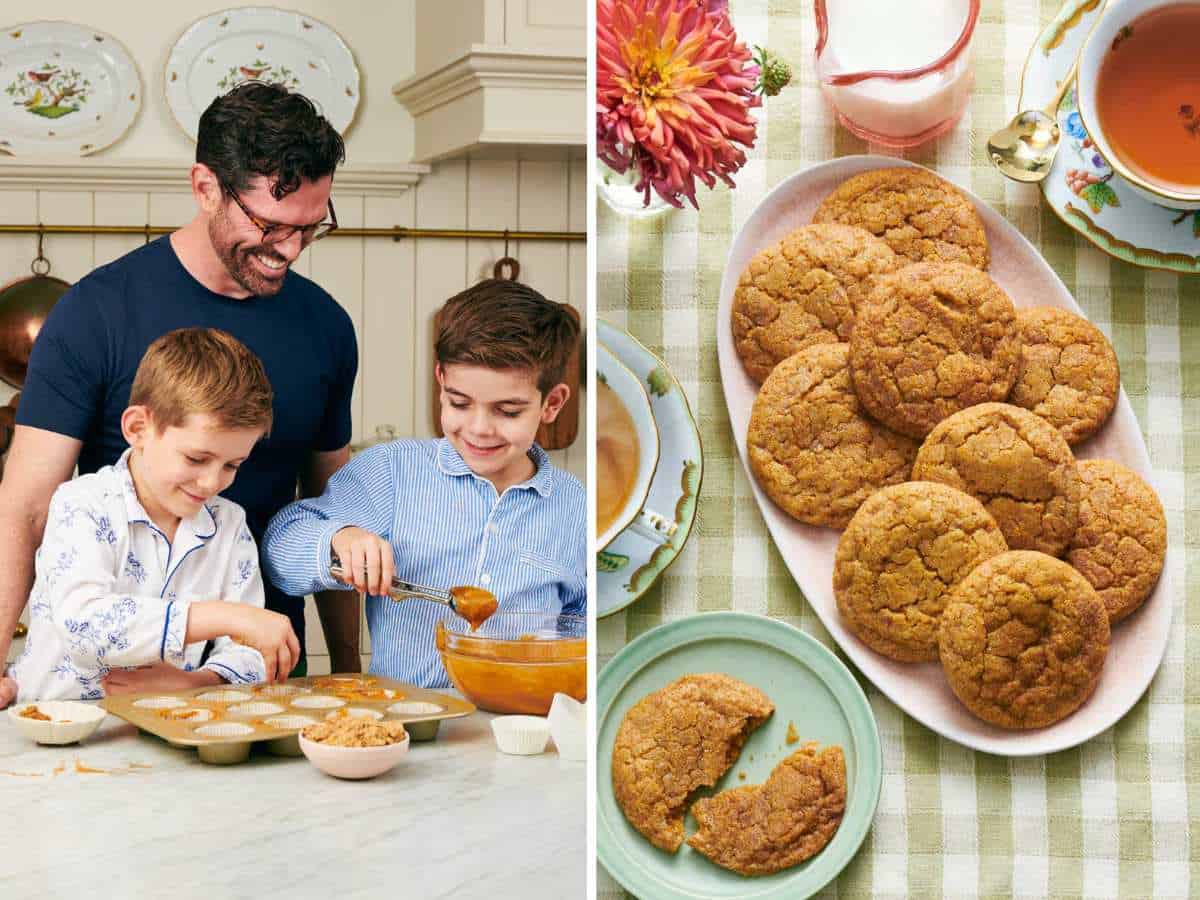 Set of two images showing John and his sons baking together, and cookies on a platter.