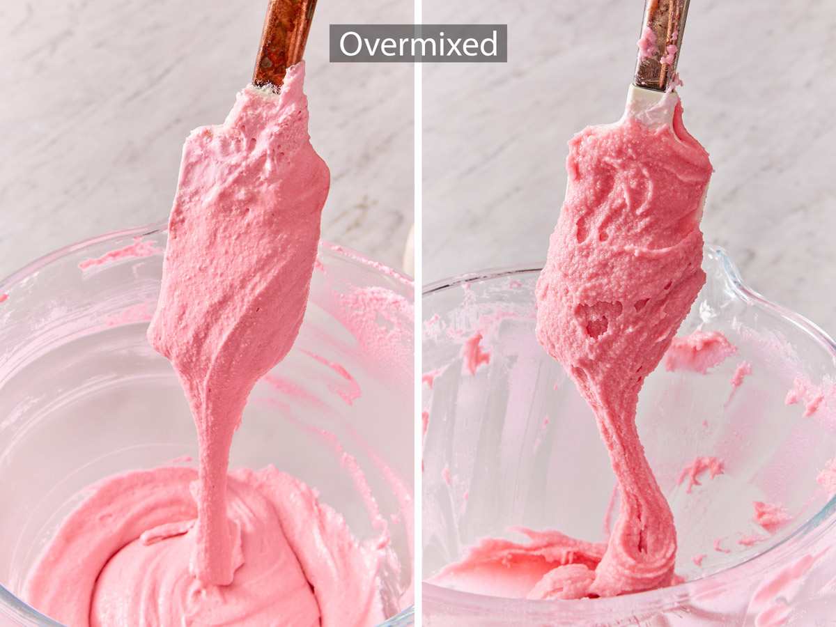 Set of two images showing overmixed macaron batter.