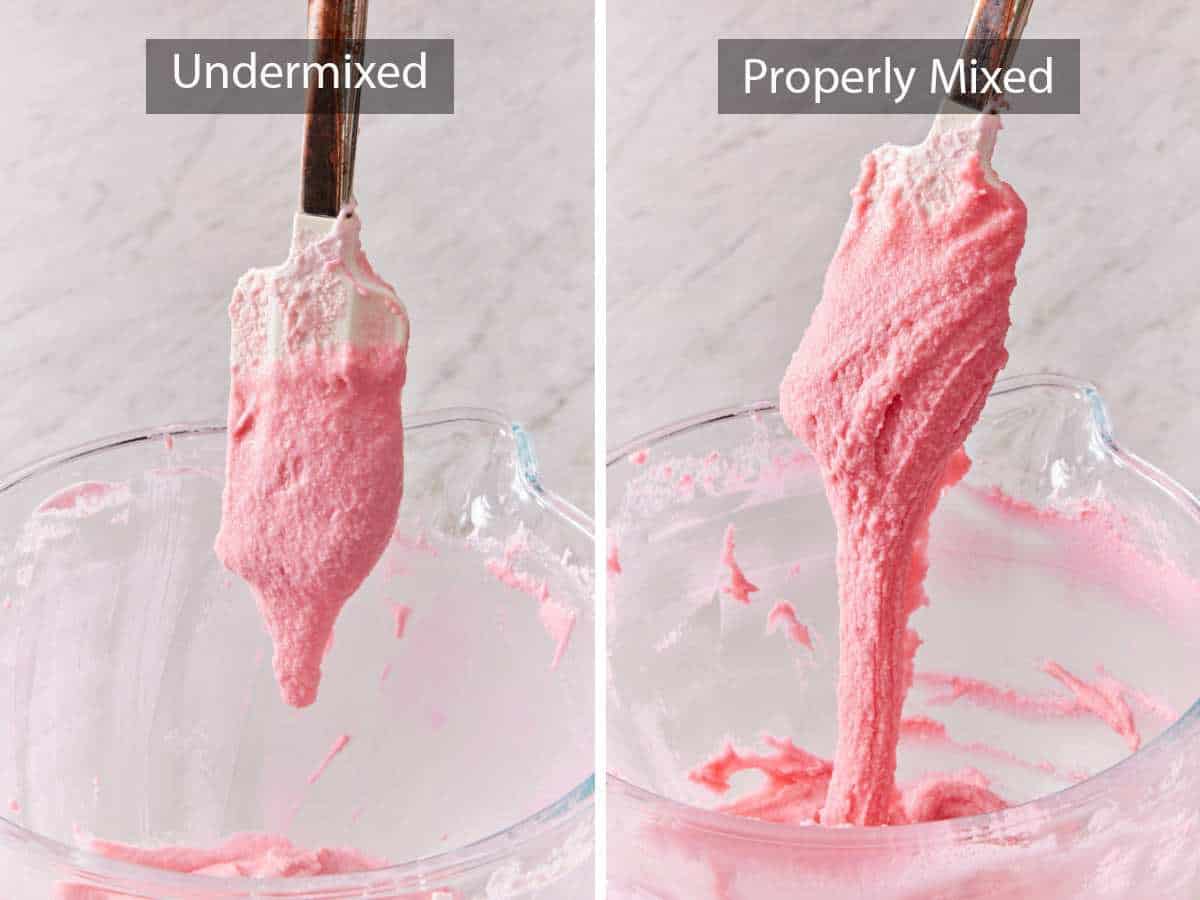 Set of two images showing undermixed and properly mixed macaron batter.